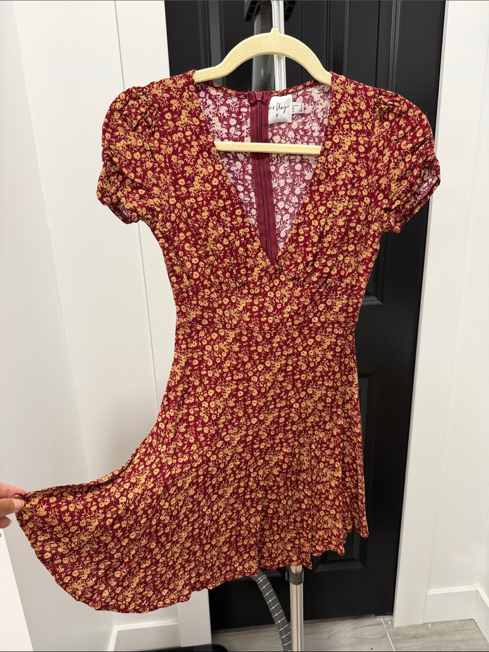 Deep Red Floral V-Neck Mini Dress